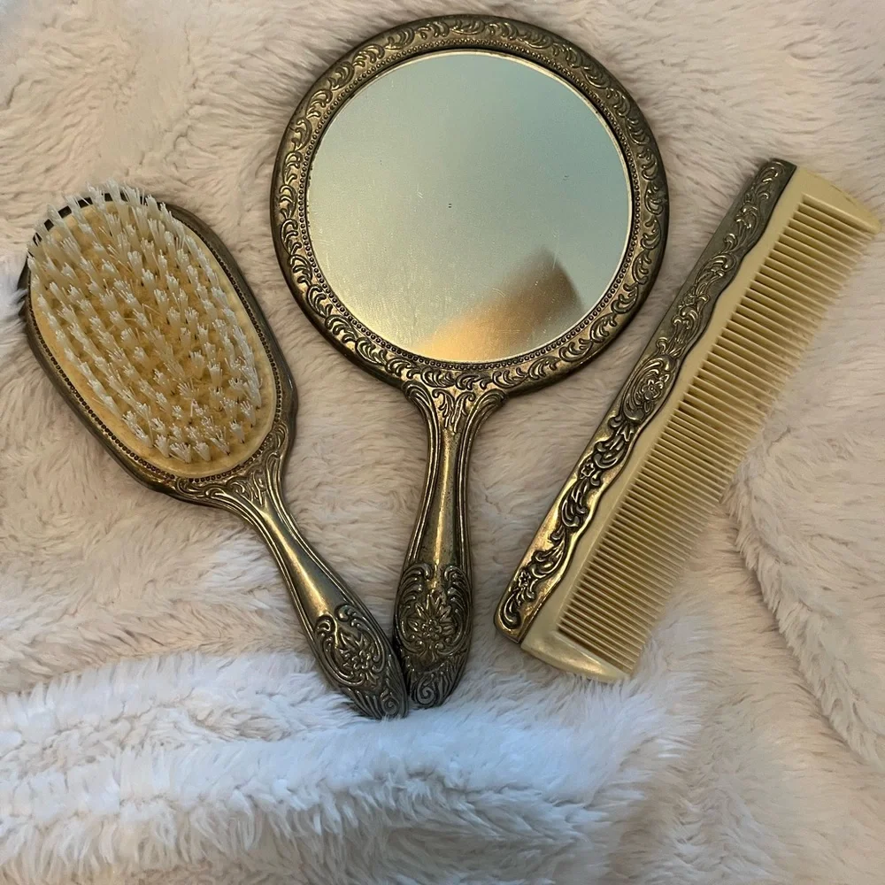 Vintage Mirror, Brush, Comb Set, Silver Plated Vanity Set